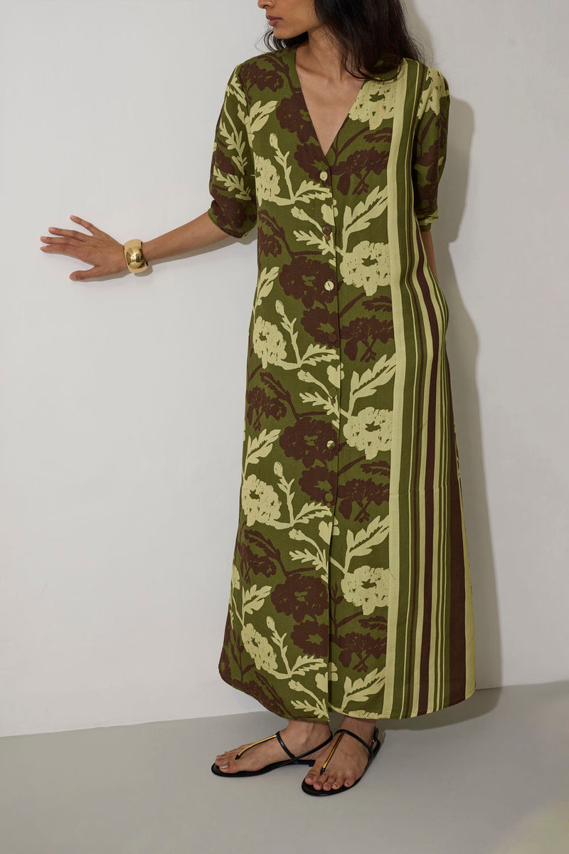 Stripe Marigold Dress-Olive linen dress by World of SiSa in olive for women Worldwide