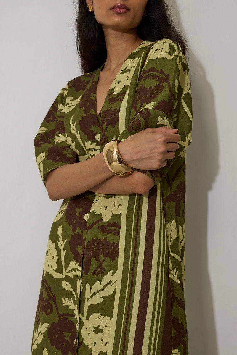 Stripe Marigold Dress-Olive linen dress by World of SiSa in olive for women Worldwide