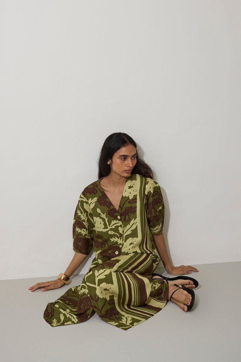 Stripe Marigold Dress-Olive linen dress by World of SiSa in olive for women Worldwide