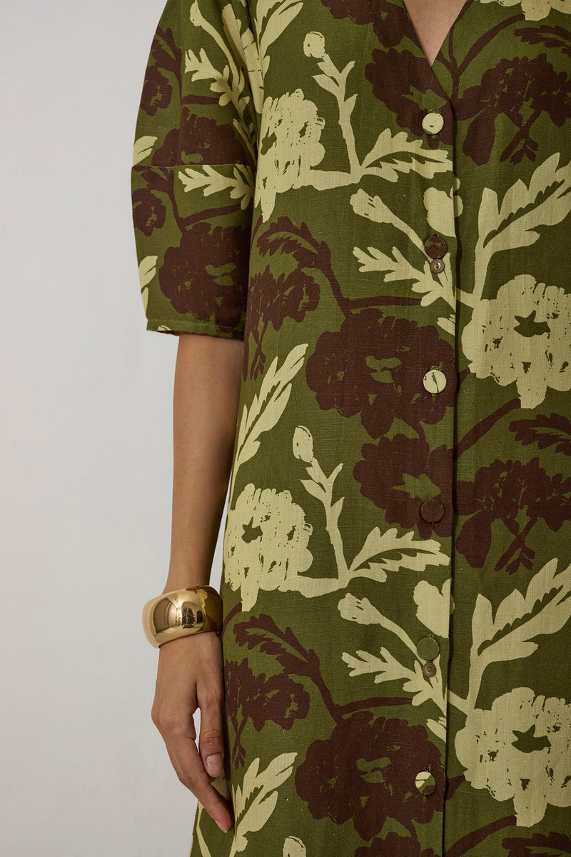 Stripe Marigold Dress-Olive linen dress by World of SiSa in olive for women Worldwide