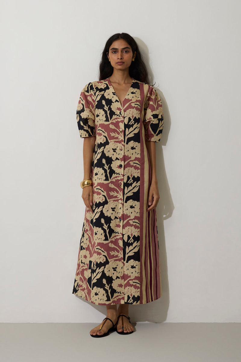 Stripe Marigold Dress-Pink linen dress by World of SiSa in pink for women Worldwide
