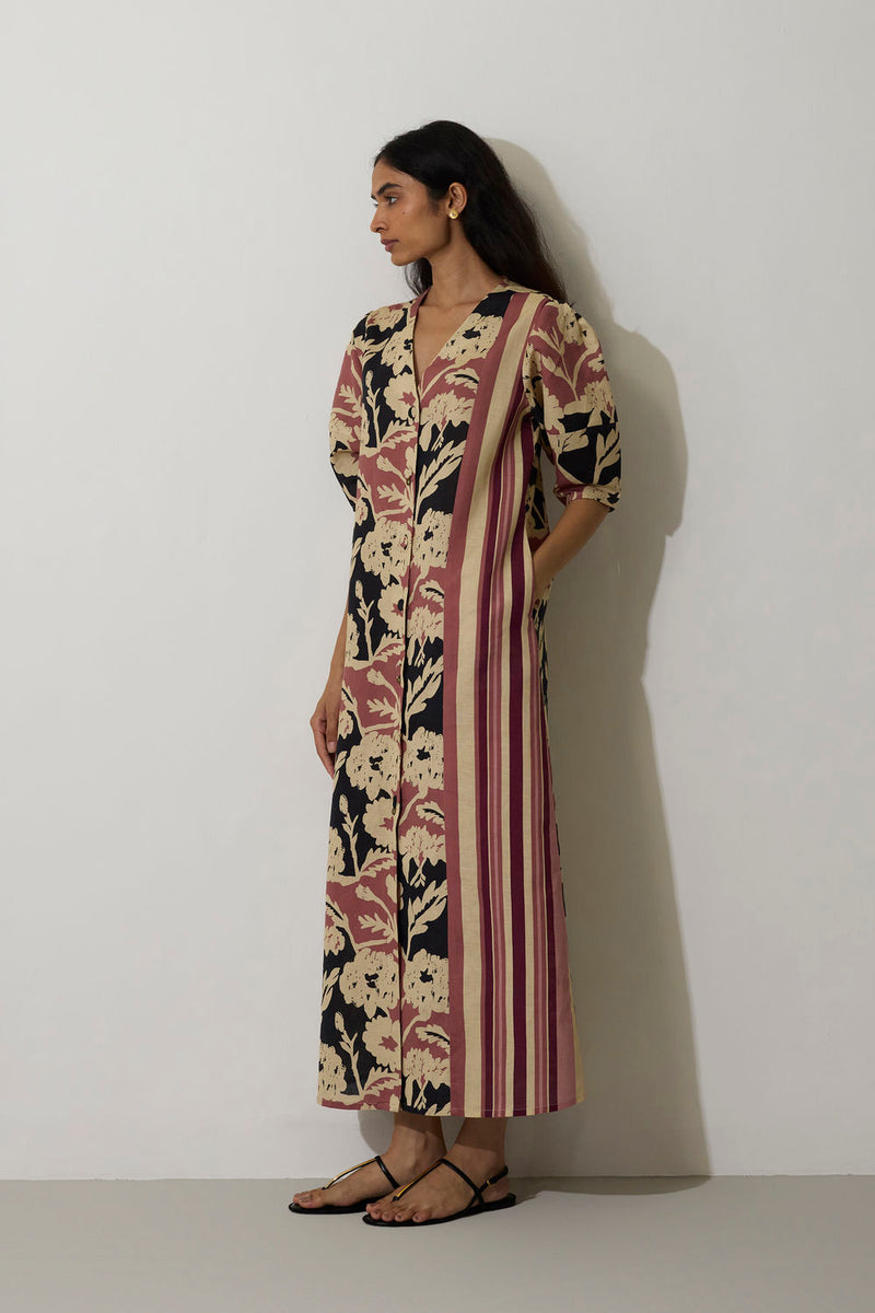 Stripe Marigold Dress-Pink linen dress by World of SiSa in pink for women Worldwide