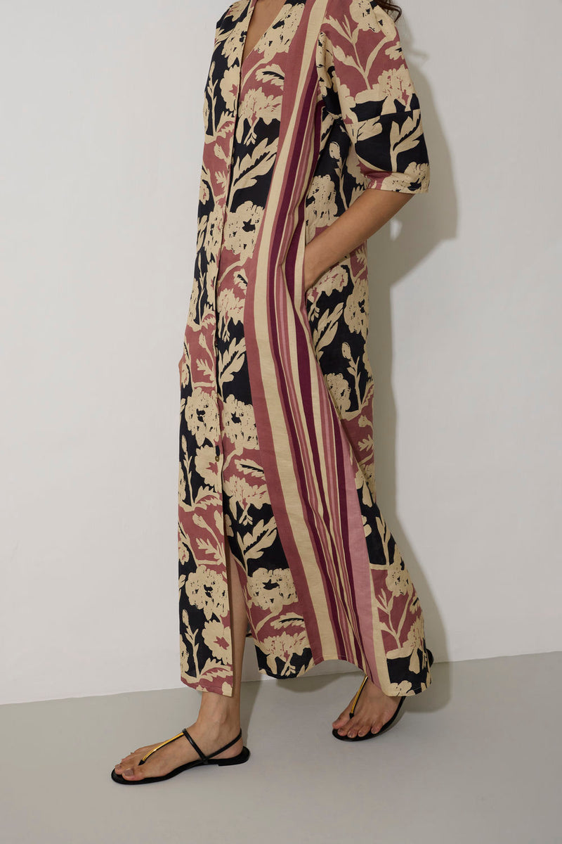 Stripe Marigold Dress-Pink linen dress by World of SiSa in pink for women Worldwide