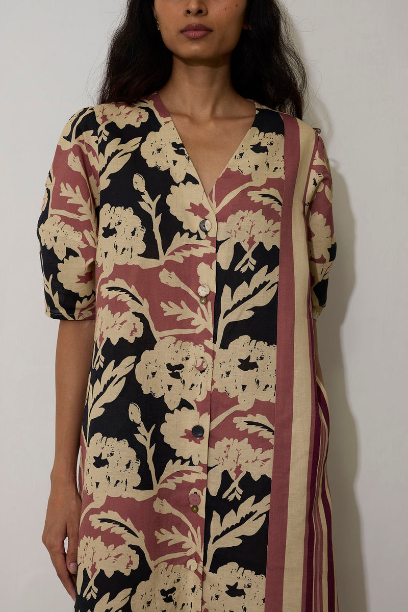 Stripe Marigold Dress-Pink linen dress by World of SiSa in pink for women Worldwide