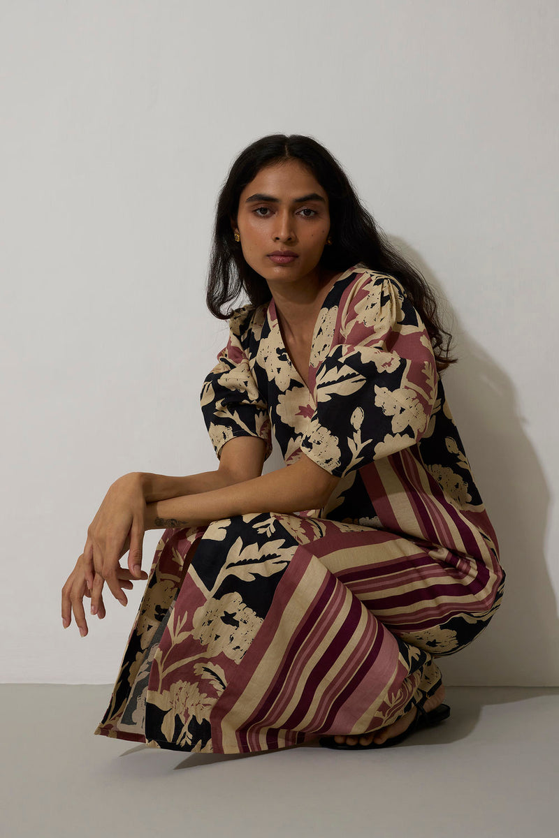 Stripe Marigold Dress-Pink linen dress by World of SiSa in pink for women Worldwide