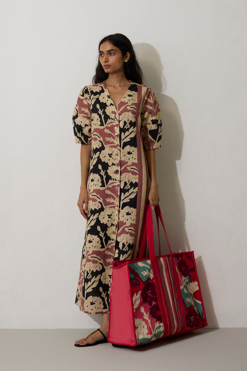 Stripe Marigold Dress-Pink linen dress by World of SiSa in pink for women Worldwide