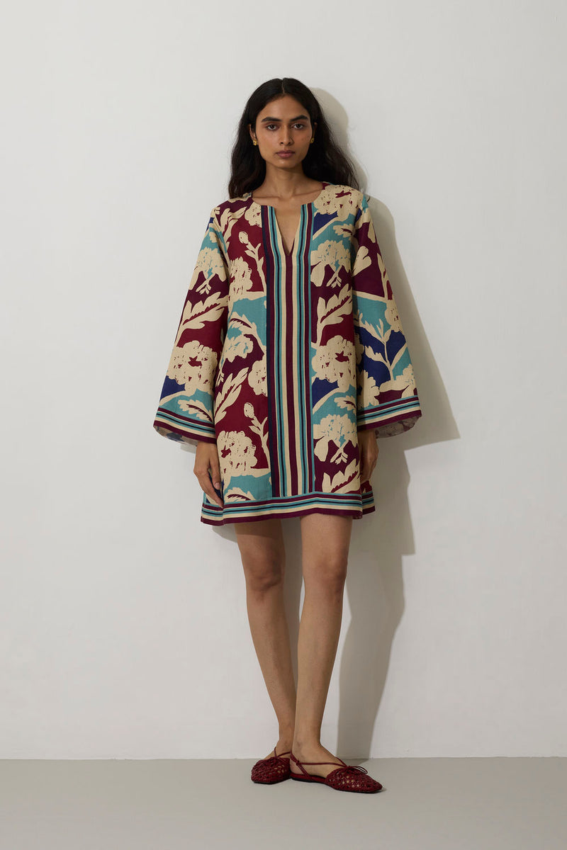 Marigold Stripe Shift Dress-Sky linen dress by World of SiSa in blue for women Worldwide