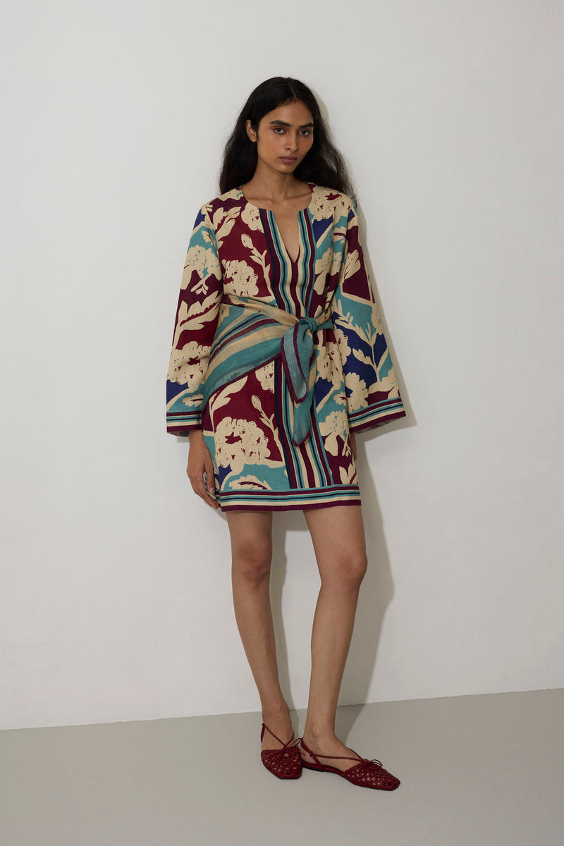 Marigold Stripe Shift Dress-Sky linen dress by World of SiSa in blue for women Worldwide
