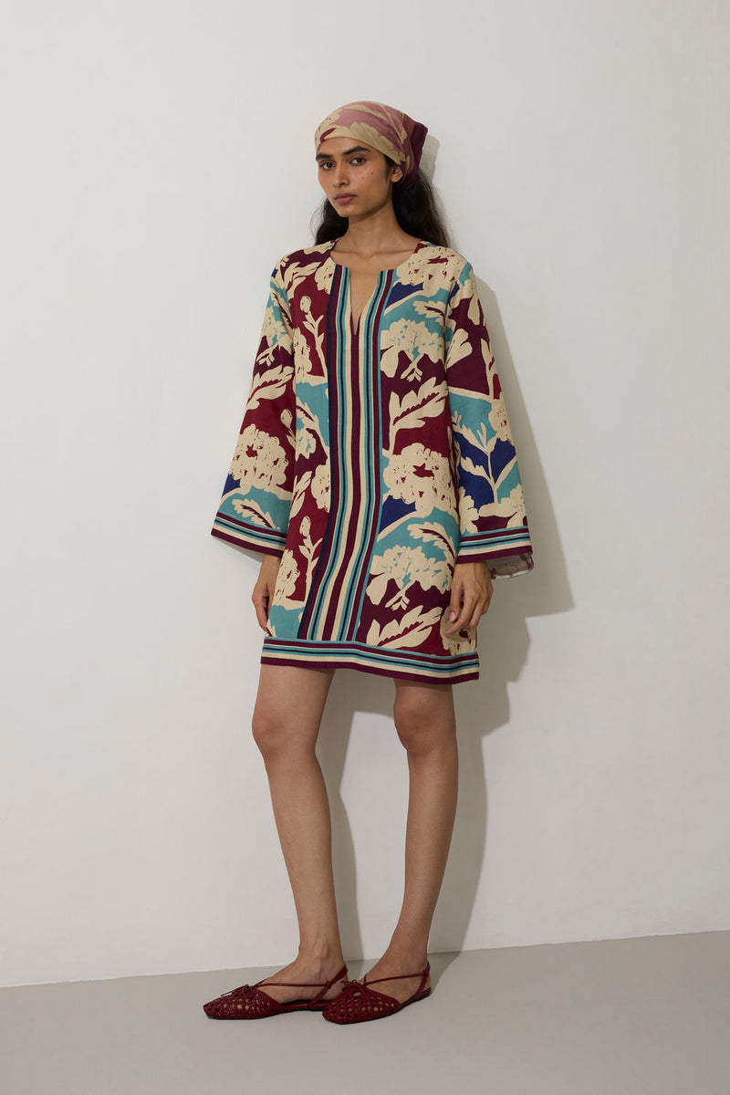 Marigold Stripe Shift Dress-Sky linen dress by World of SiSa in blue for women Worldwide