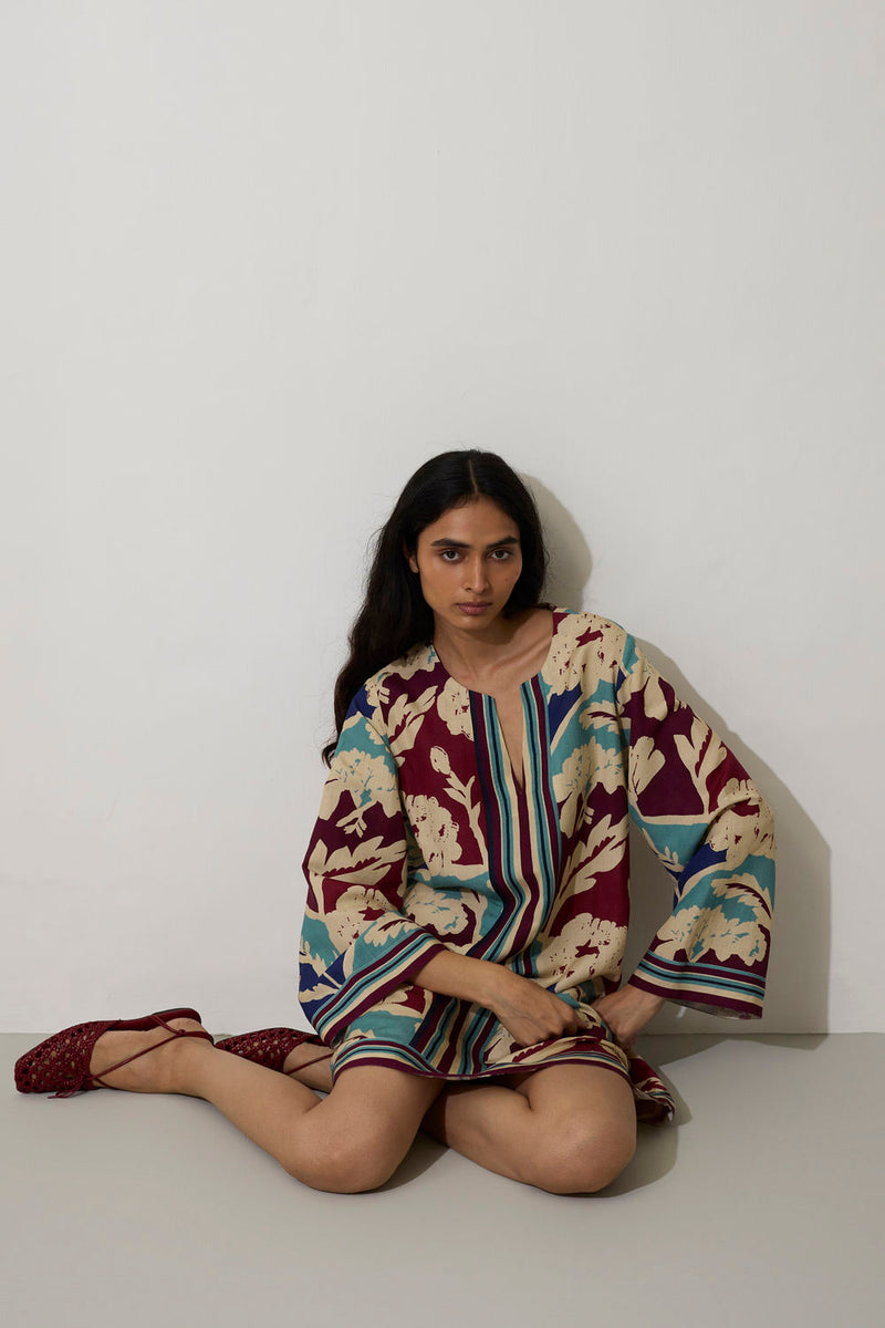 Marigold Stripe Shift Dress-Sky linen dress by World of SiSa in blue for women Worldwide