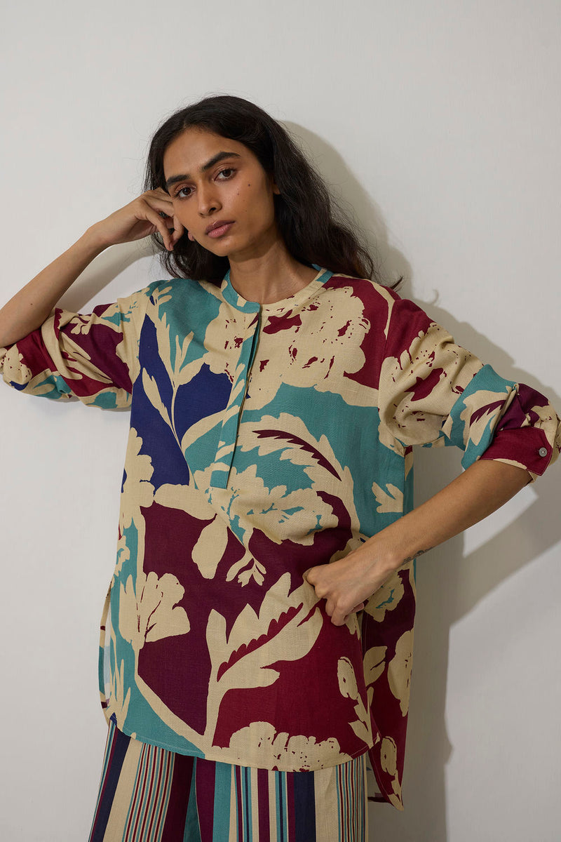Stripe Marigold Top-Blue linen top/shirt by World of SiSa in blue for women Worldwide