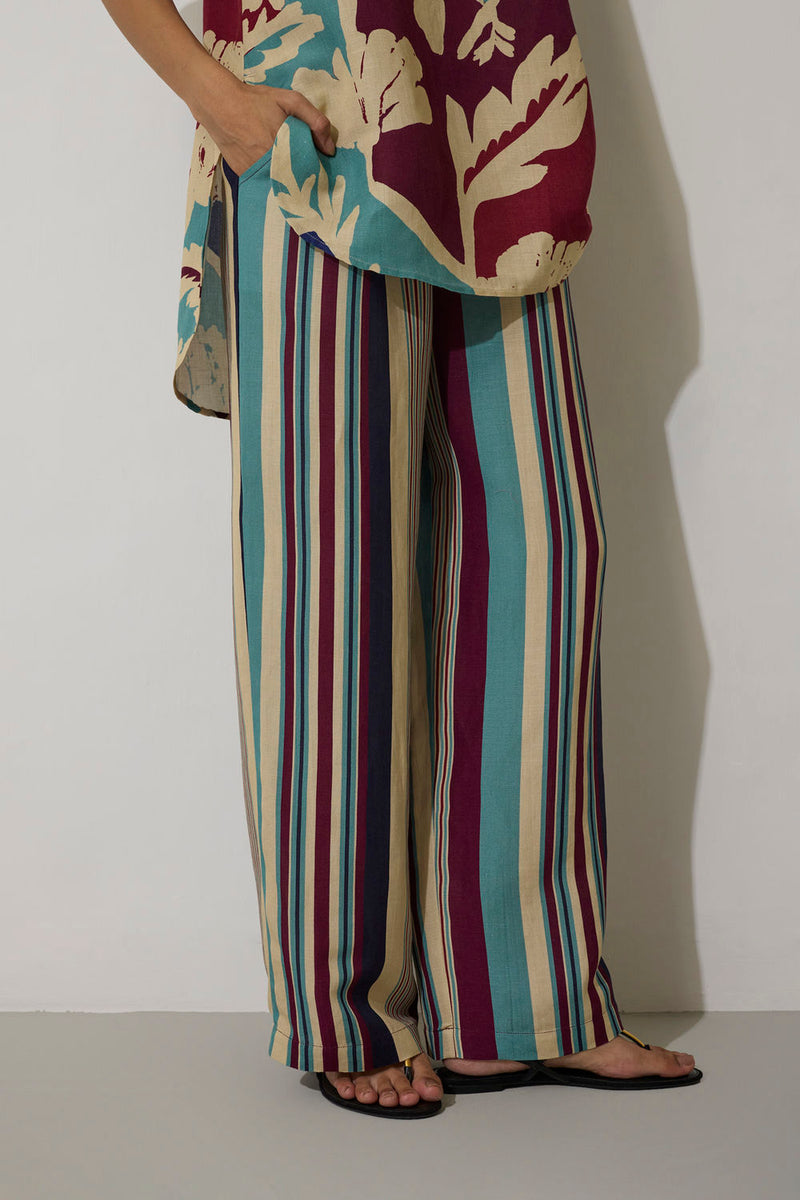 Stripe Marigold Set-Blue linen co-ord set by World of SiSa in blue for women Worldwide