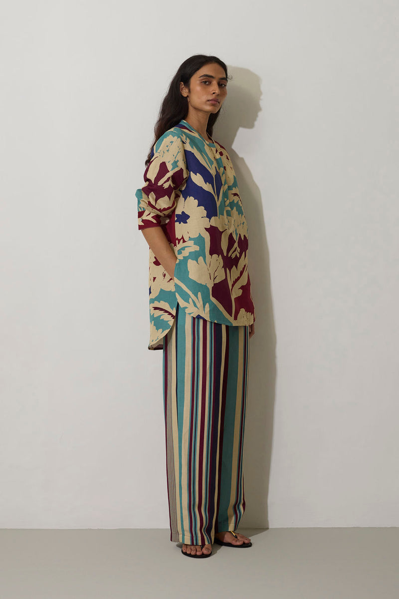 Stripe Marigold Top-Blue linen top/shirt by World of SiSa in blue for women Worldwide