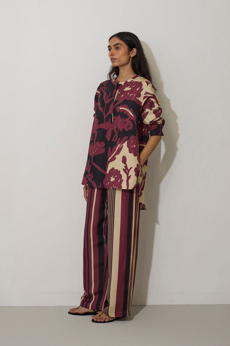 Stripe Marigold Top-Purple linen top/shirt by World of SiSa in purple for women Worldwide