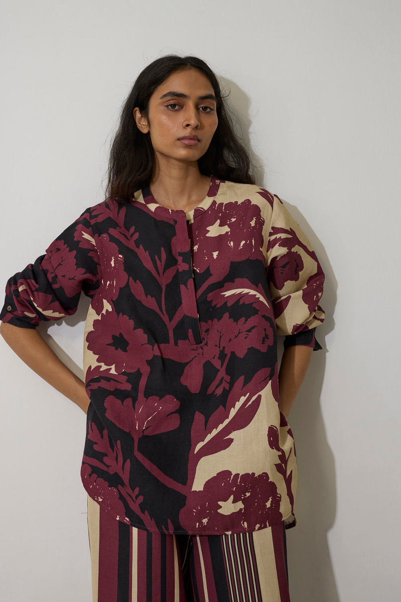 Stripe Marigold Set-Purple linen co-ord set by World of SiSa in purple for women Worldwide