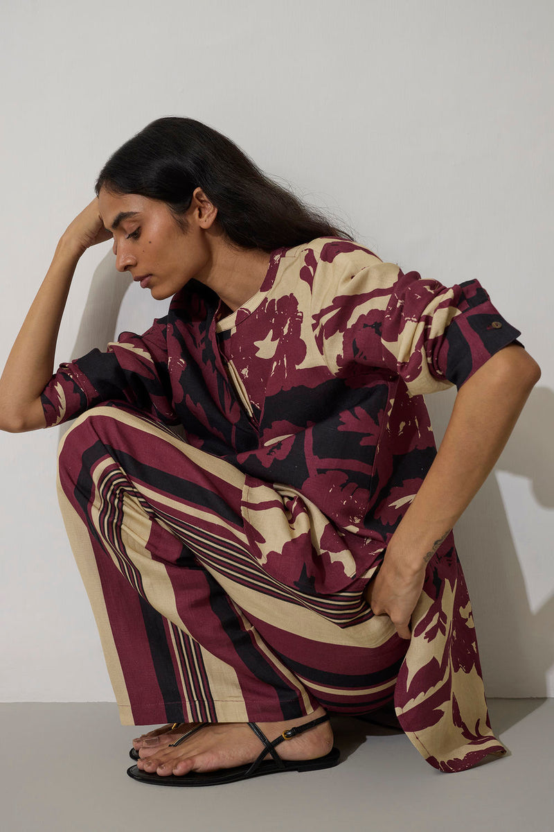 Stripe Marigold Set-Purple linen co-ord set by World of SiSa in purple for women Worldwide