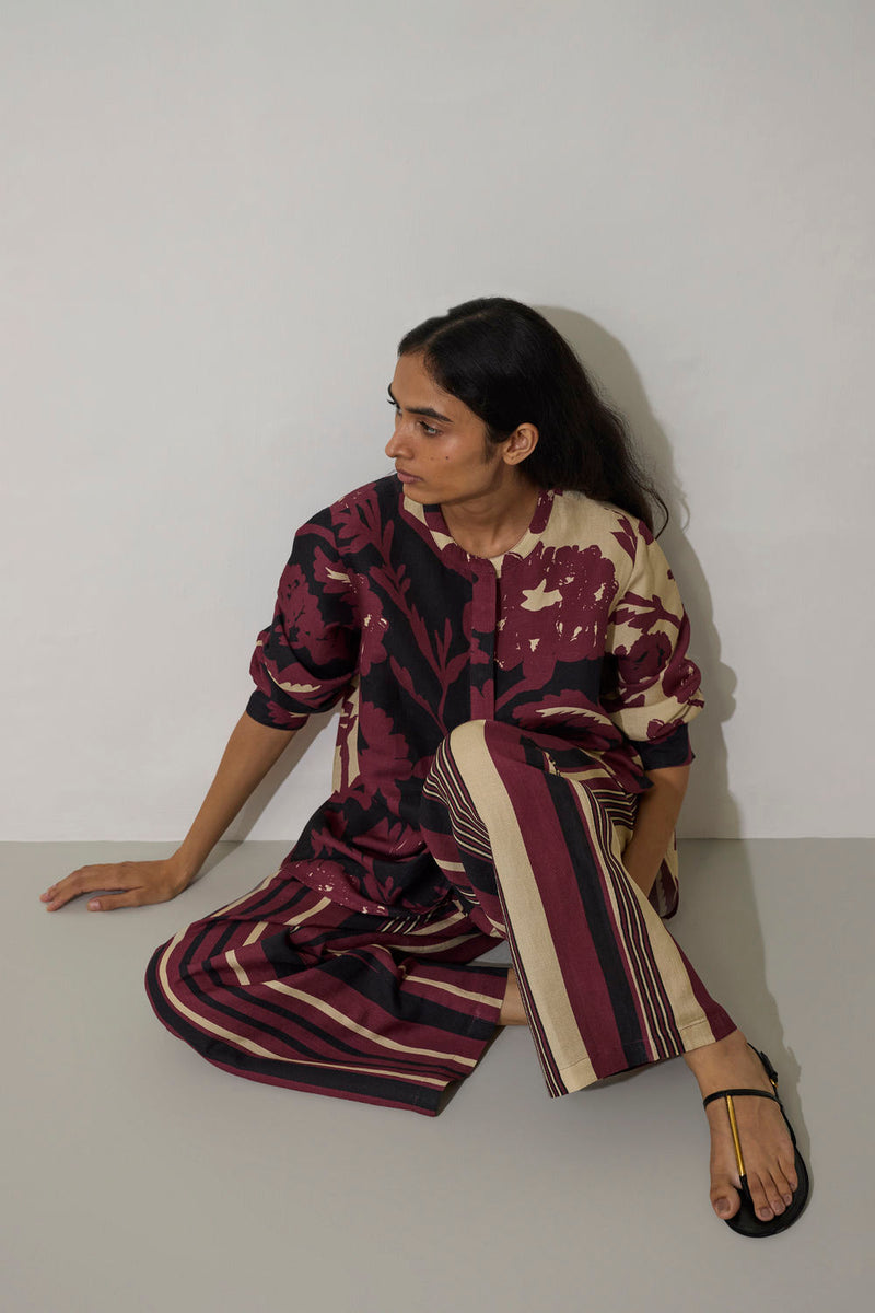 Stripe Marigold Set-Purple linen co-ord set by World of SiSa in purple for women Worldwide