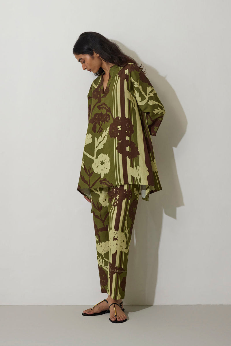 Marigold Overgrowth Set-Olive linen co-ord set by World of SiSa in olive for women Worldwide