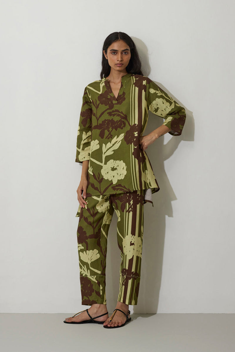 Marigold Overgrowth Set-Olive linen co-ord set by World of SiSa in olive for women Worldwide