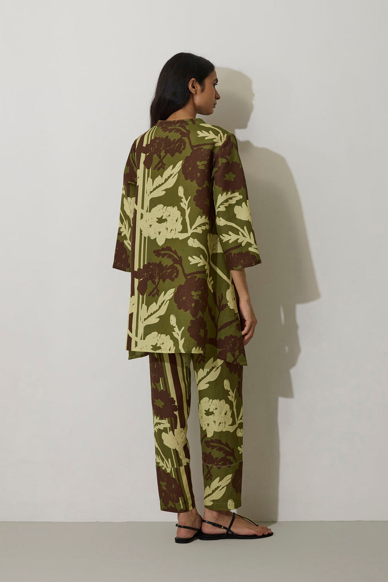 Marigold Overgrowth Set-Olive linen co-ord set by World of SiSa in olive for women Worldwide
