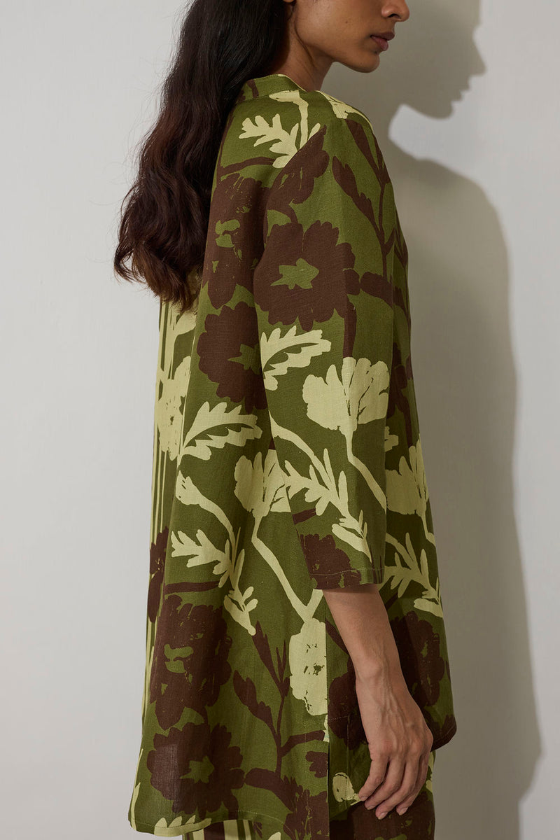 Marigold Overgrowth Set-Olive linen co-ord set by World of SiSa in olive for women Worldwide