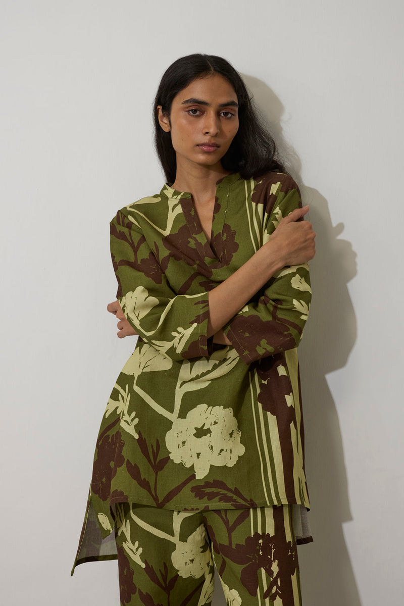 Marigold Overgrowth Set-Olive linen co-ord set by World of SiSa in olive for women Worldwide