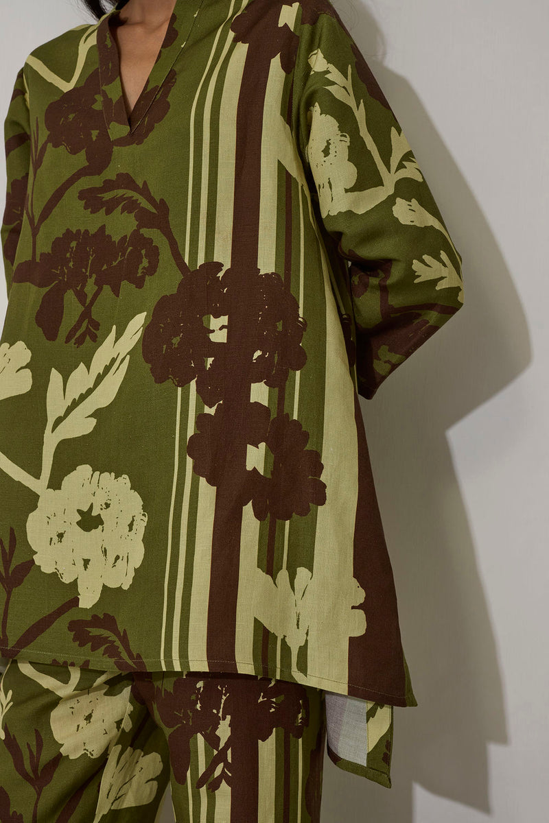 Marigold Overgrowth Set-Olive linen co-ord set by World of SiSa in olive for women Worldwide