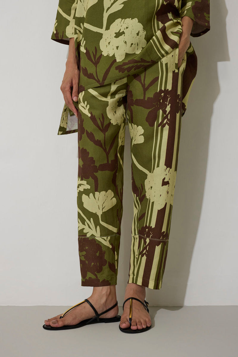 Marigold Overgrowth Set-Olive linen co-ord set by World of SiSa in olive for women Worldwide