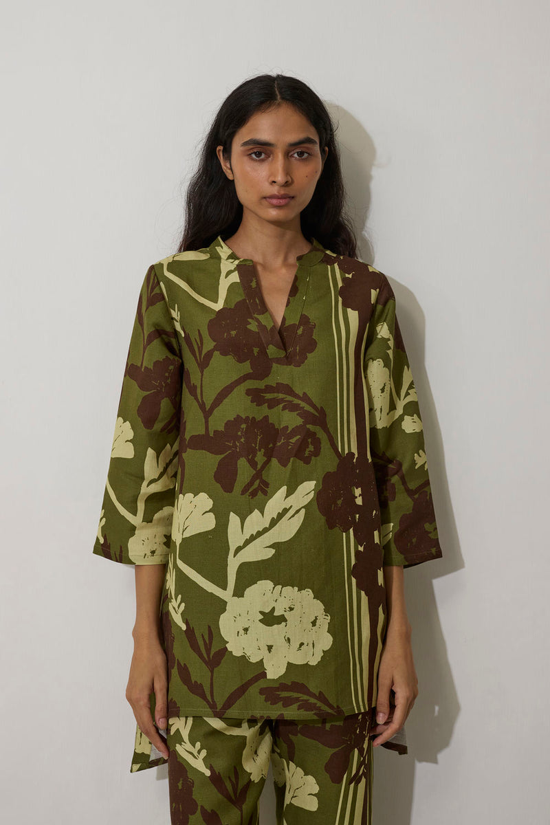 Marigold Overgrowth Set-Olive linen co-ord set by World of SiSa in olive for women Worldwide