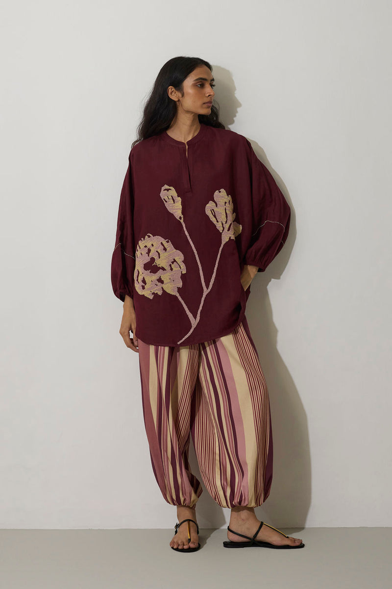Hand-Embroidered Marigold Shirt linen top/shirt by World of SiSa in purple for women Worldwide