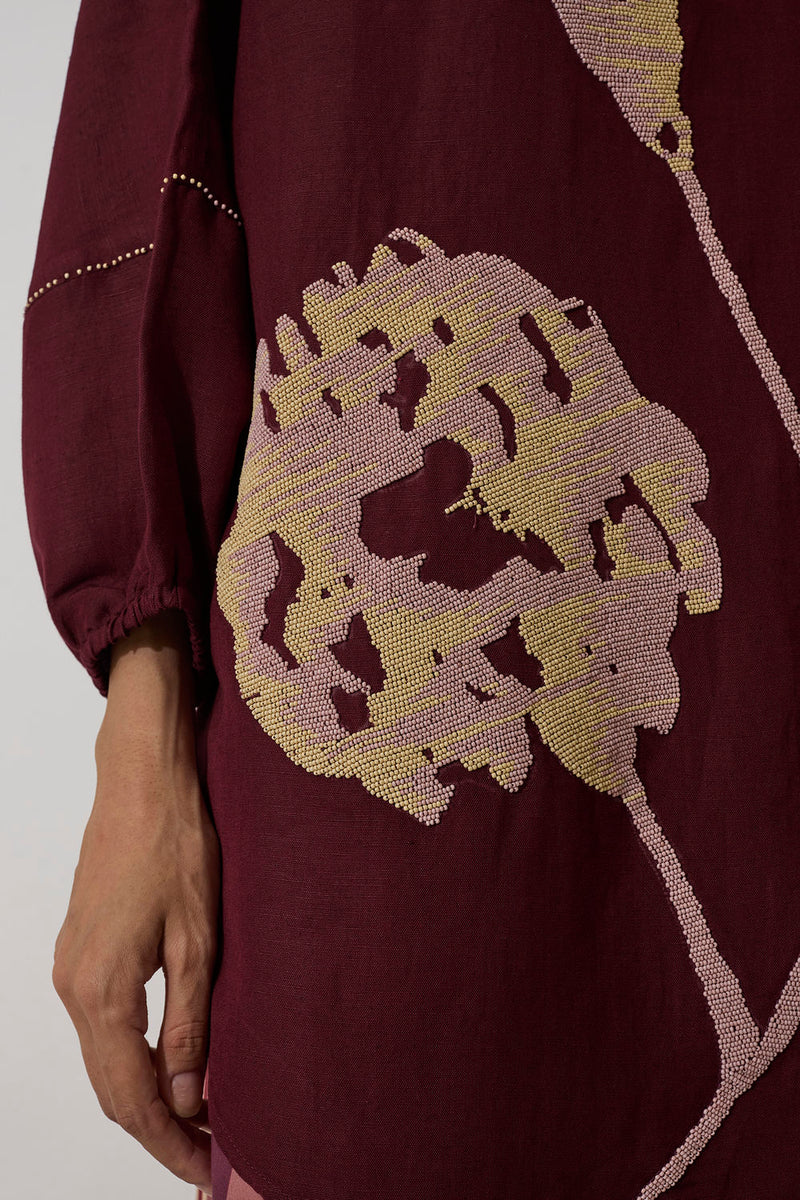 Hand-Embroidered Marigold Shirt linen top/shirt by World of SiSa in purple for women Worldwide