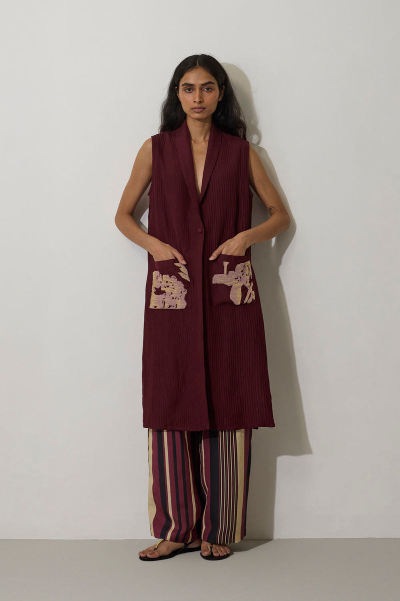 Pintuck Linen Sleeveless Duster linen jacket/overlay by World of SiSa in purple for women Worldwide