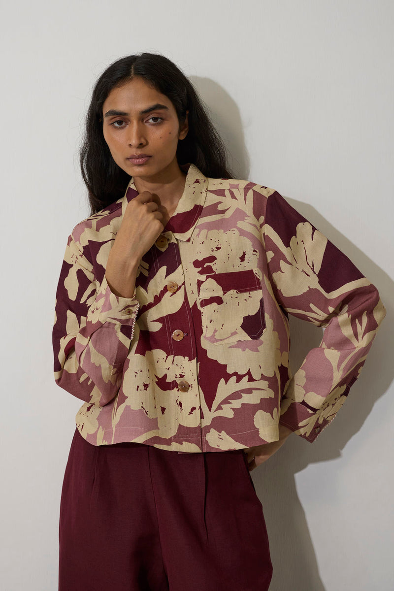 Marigold Crop Jacket-Red linen jacket/overlay by World of SiSa in red for women Worldwide