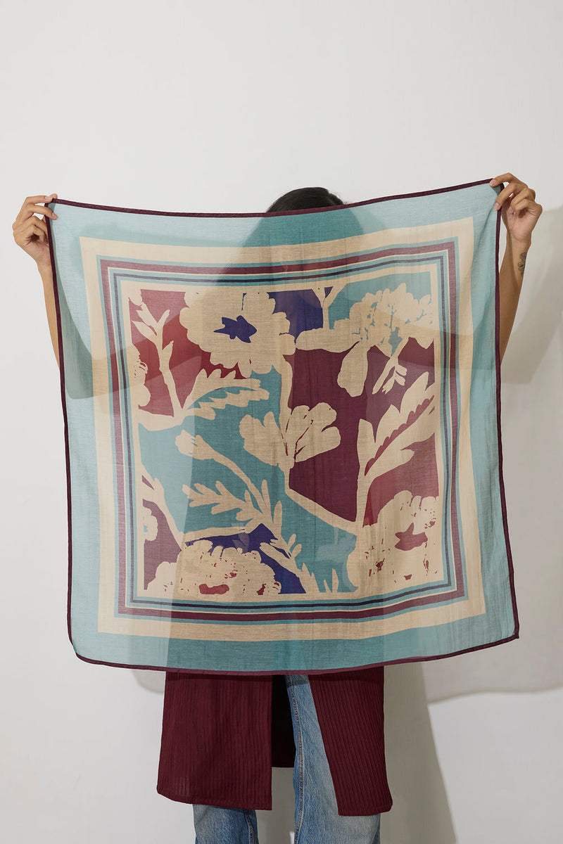 Marigold Stripe Square Scarf-Blue chanderi scarve/stole by World of SiSa in blue for women Worldwide
