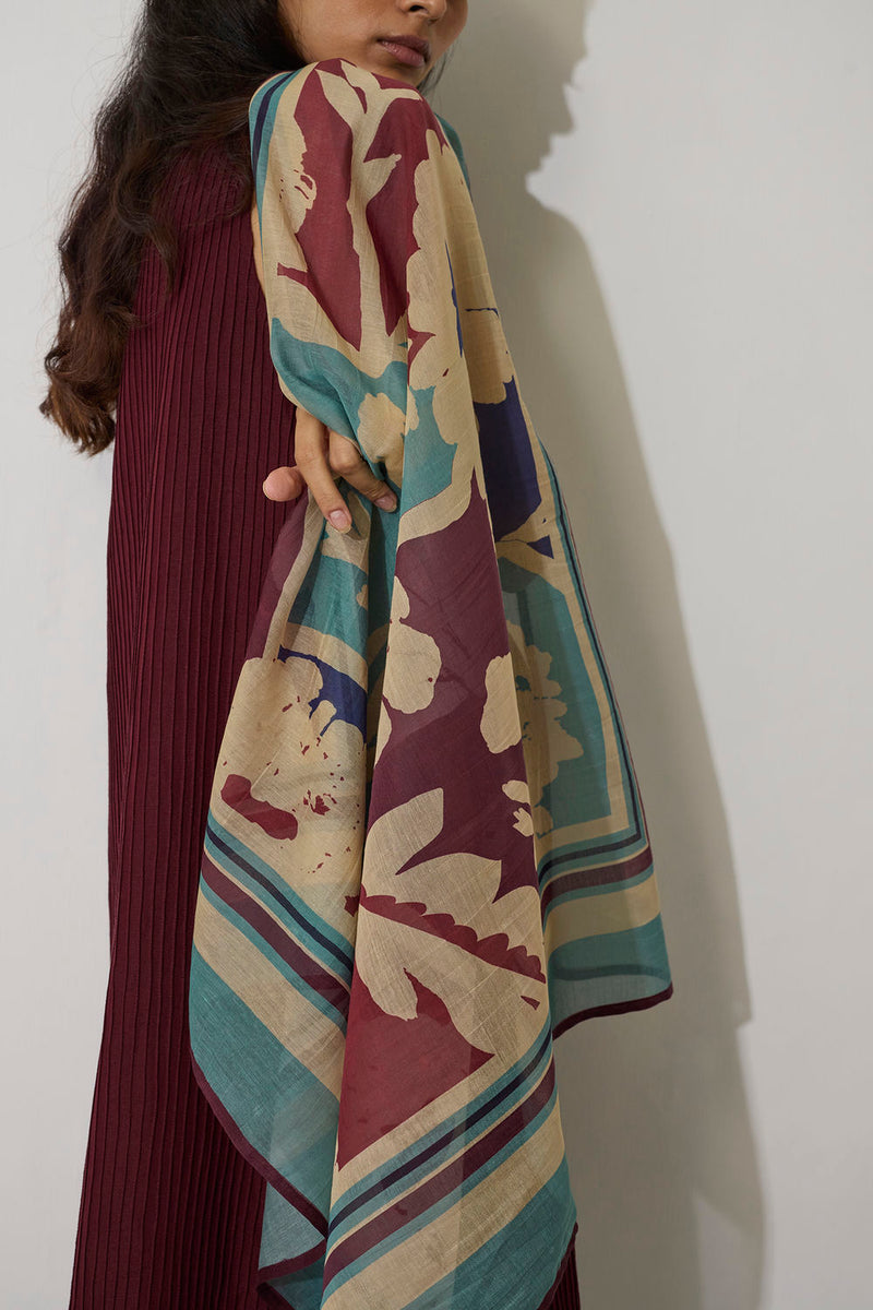 Marigold Stripe Square Scarf-Blue chanderi scarve/stole by World of SiSa in blue for women Worldwide