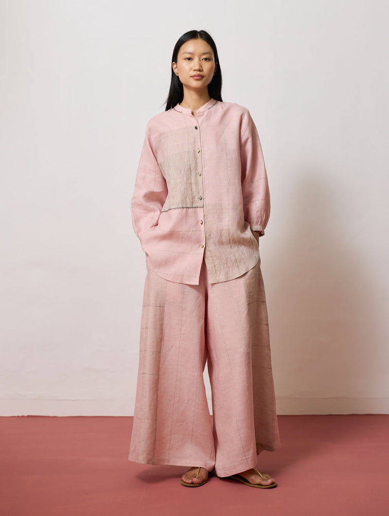 Rin Metallic Linen Co-ord-Pink linen co-ord set by Manan in pink for women Worldwide