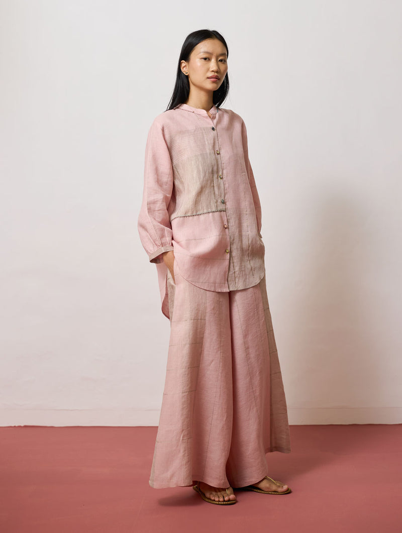 Rin Metallic Linen Shirt-Pink linen top/shirt by Manan in pink for women Worldwide