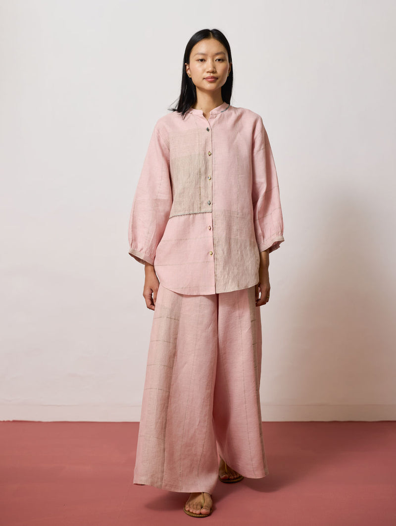Rin Metallic Linen Shirt-Pink linen top/shirt by Manan in pink for women Worldwide