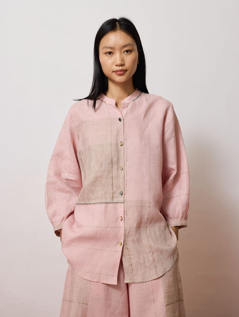 Rin Metallic Linen Co-ord-Pink linen co-ord set by Manan in pink for women Worldwide