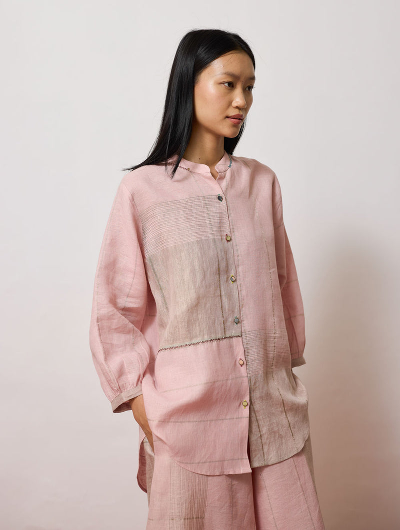 Rin Metallic Linen Shirt-Pink linen top/shirt by Manan in pink for women Worldwide