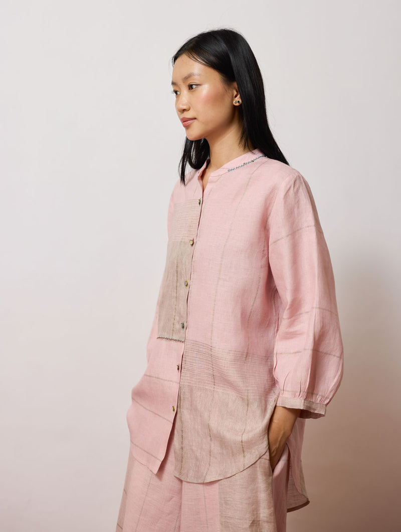 Rin Metallic Linen Shirt-Pink linen top/shirt by Manan in pink for women Worldwide