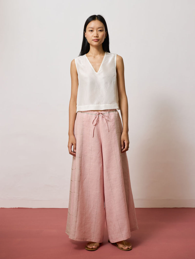 Sera Wide-Leg Metallic Linen Pants-Pink linen pant/trousers by Manan in pink for women Worldwide
