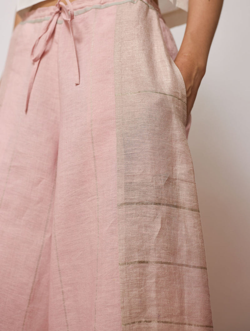 Sera Wide-Leg Metallic Linen Pants-Pink linen pant/trousers by Manan in pink for women Worldwide