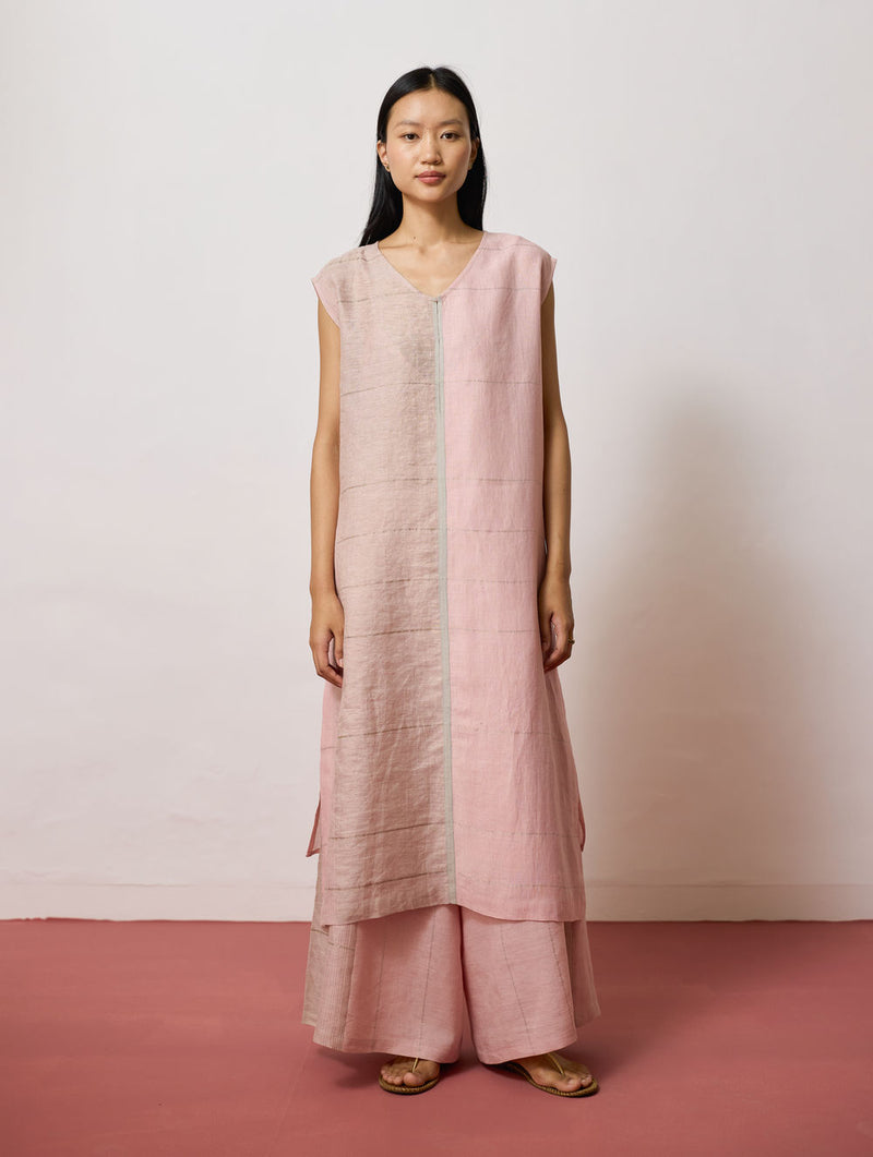 Rira Metallic Linen Long Co-ord-Pink linen co-ord set by Manan in pink for women Worldwide