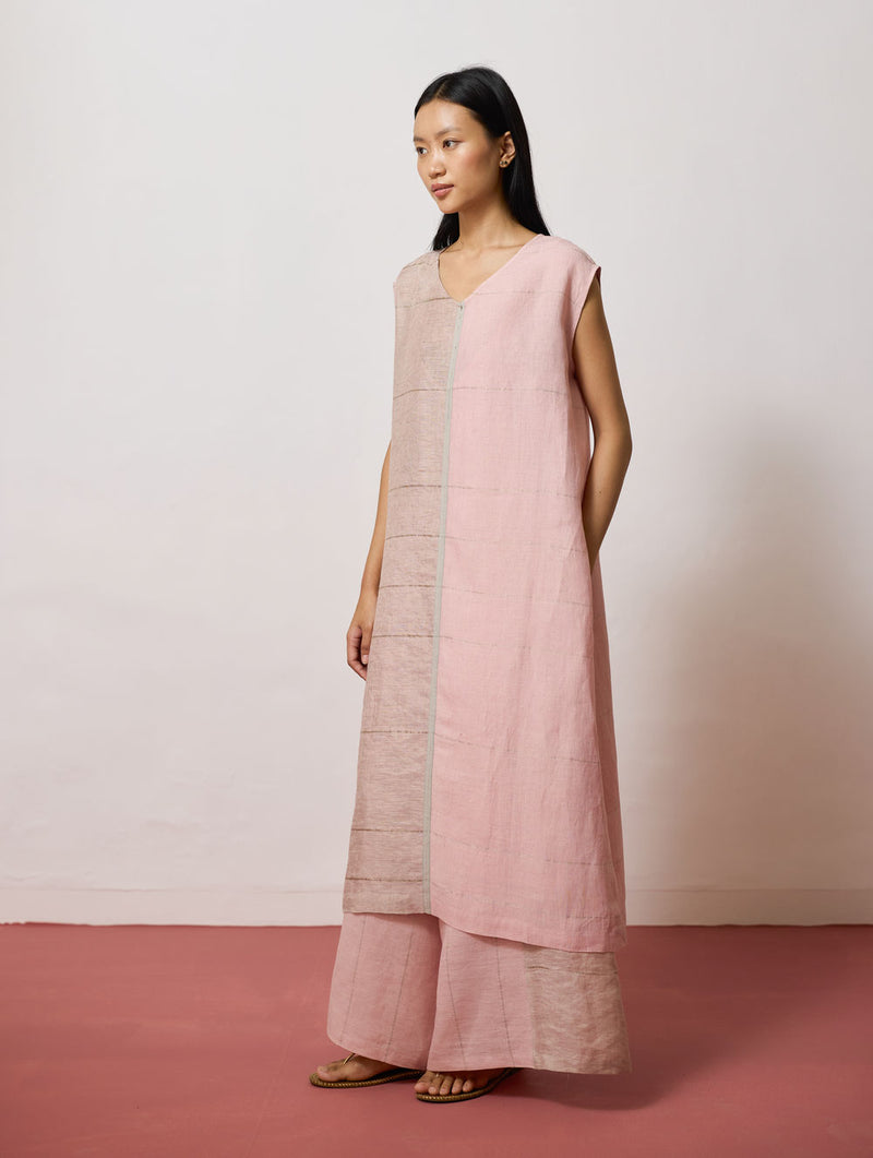 Rira Metallic Linen Long Co-ord-Pink linen co-ord set by Manan in pink for women Worldwide