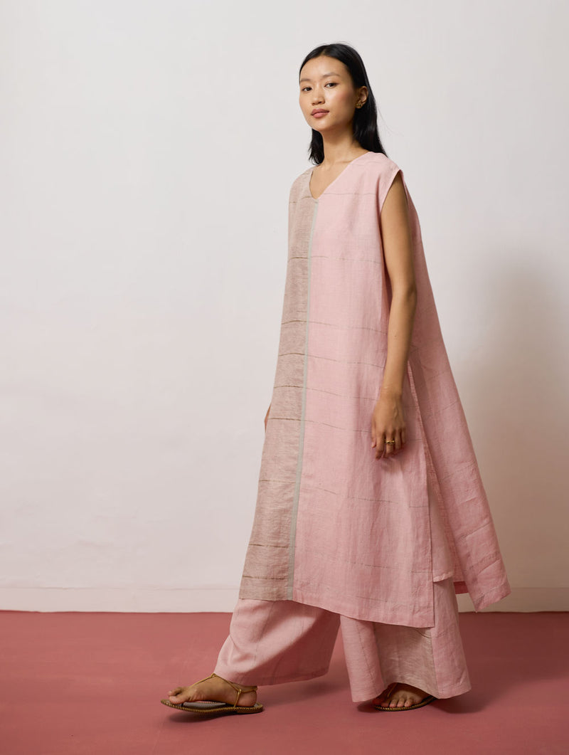 Rira Metallic Linen Long Tunic-Pink linen kurta/kurta set by Manan in pink for women Worldwide
