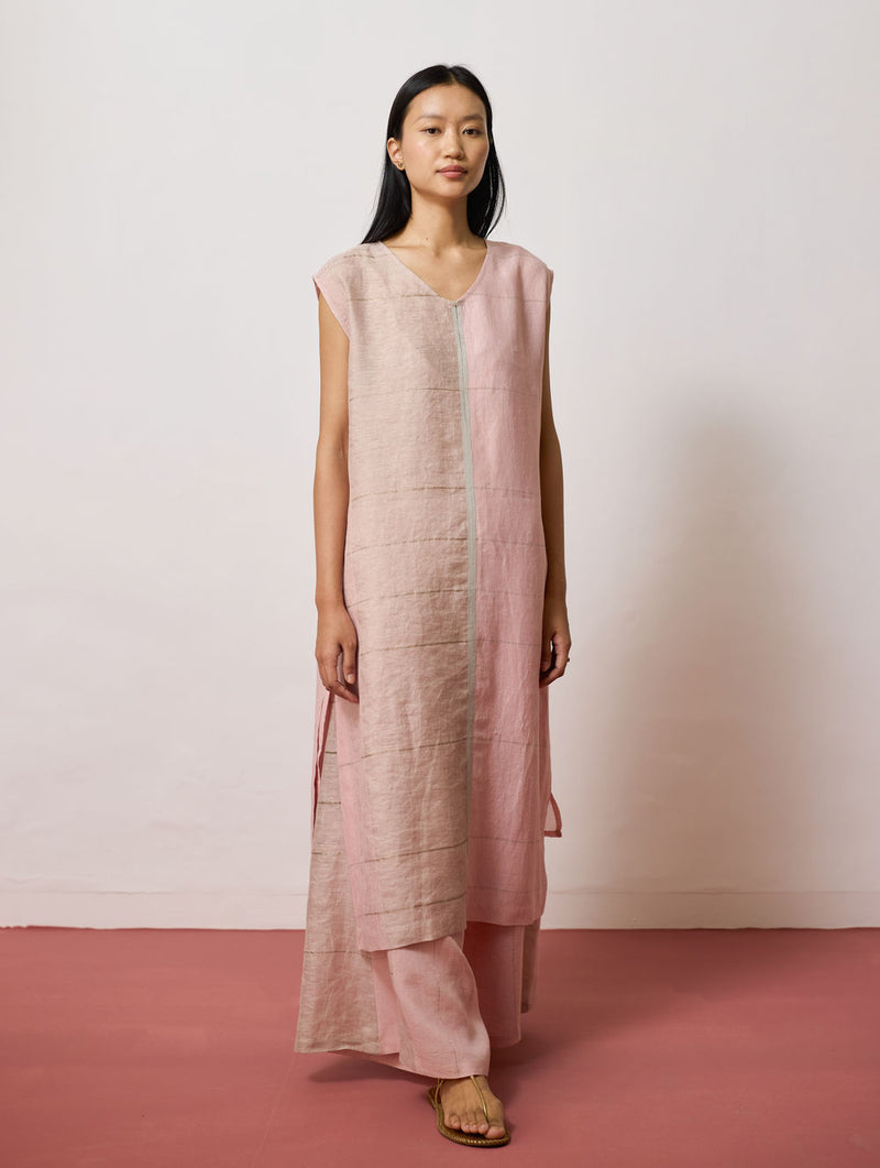 Rira Metallic Linen Long Co-ord-Pink linen co-ord set by Manan in pink for women Worldwide