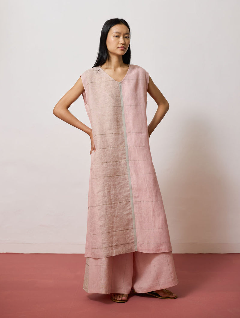 Rira Metallic Linen Long Co-ord-Pink linen co-ord set by Manan in pink for women Worldwide