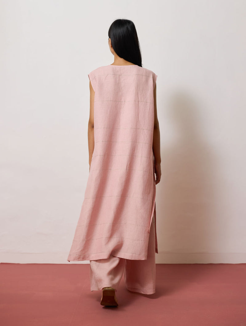 Rira Metallic Linen Long Tunic-Pink linen kurta/kurta set by Manan in pink for women Worldwide