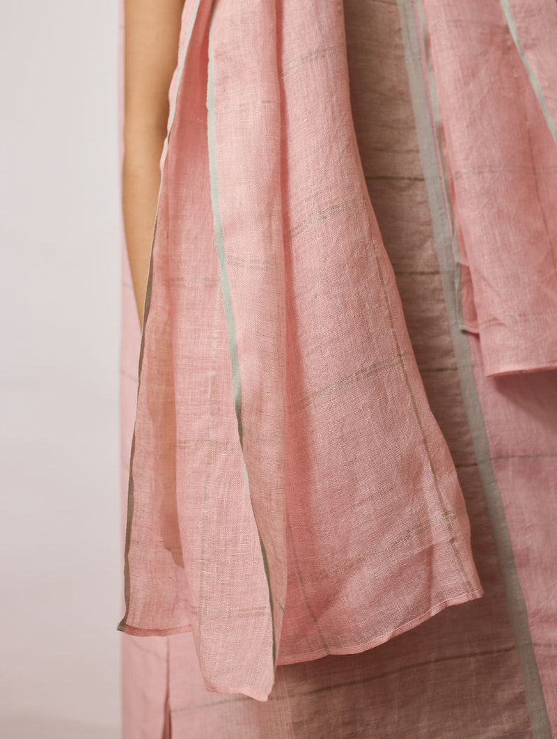 Sava Linen Metallic-Check Dupatta-Pink linen dupatta by Manan in pink for women Worldwide